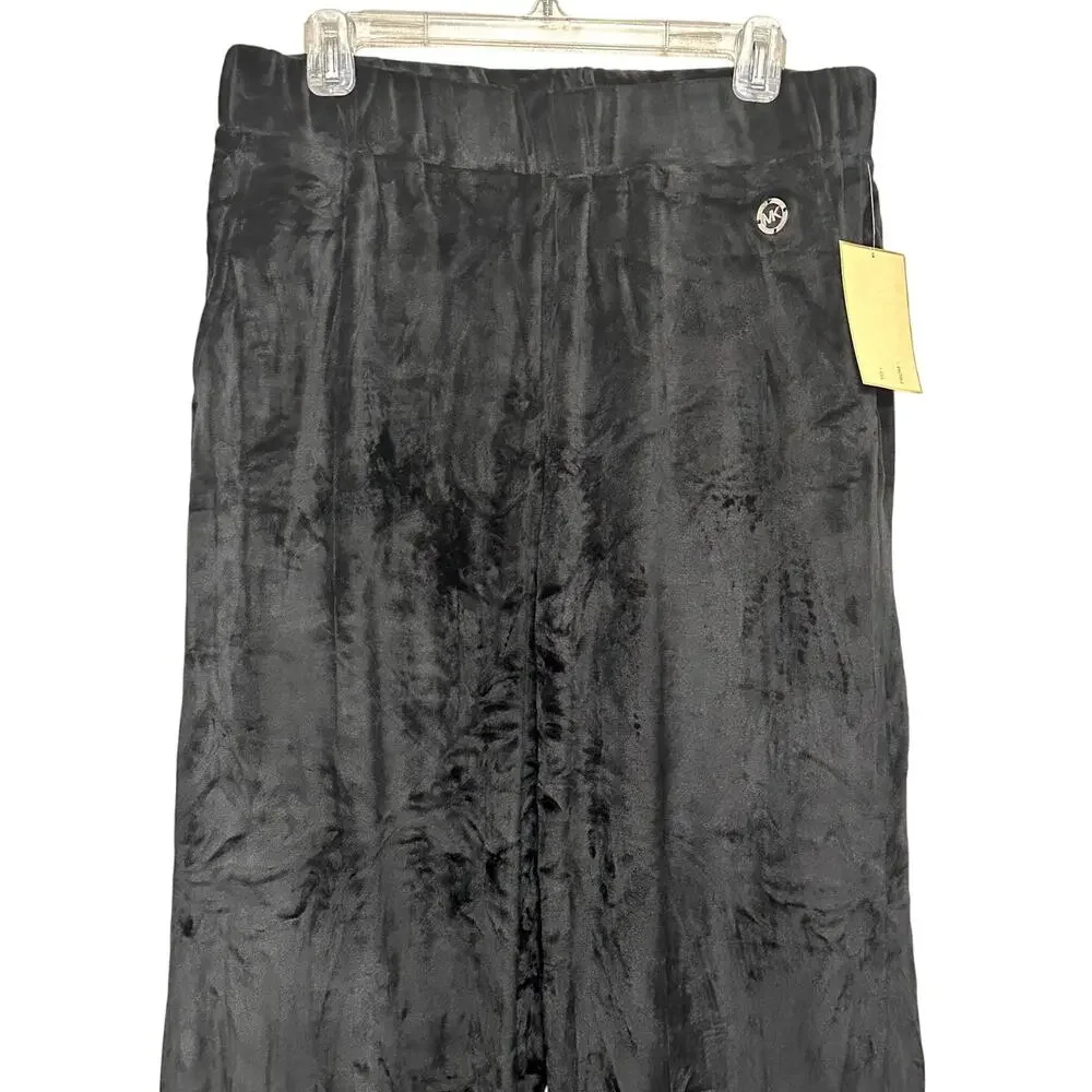 Michael Kors Velour Wide Leg Pants Classic Black Casual Comfort Style L NWT